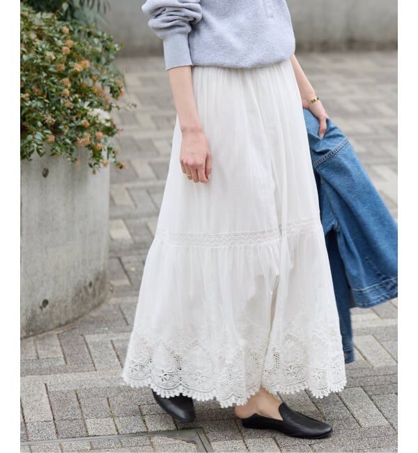 SLOBE IENA「《WEB限定/追加3予約》コットンボイルケミカルレーススカート」|スカート|ホワイト