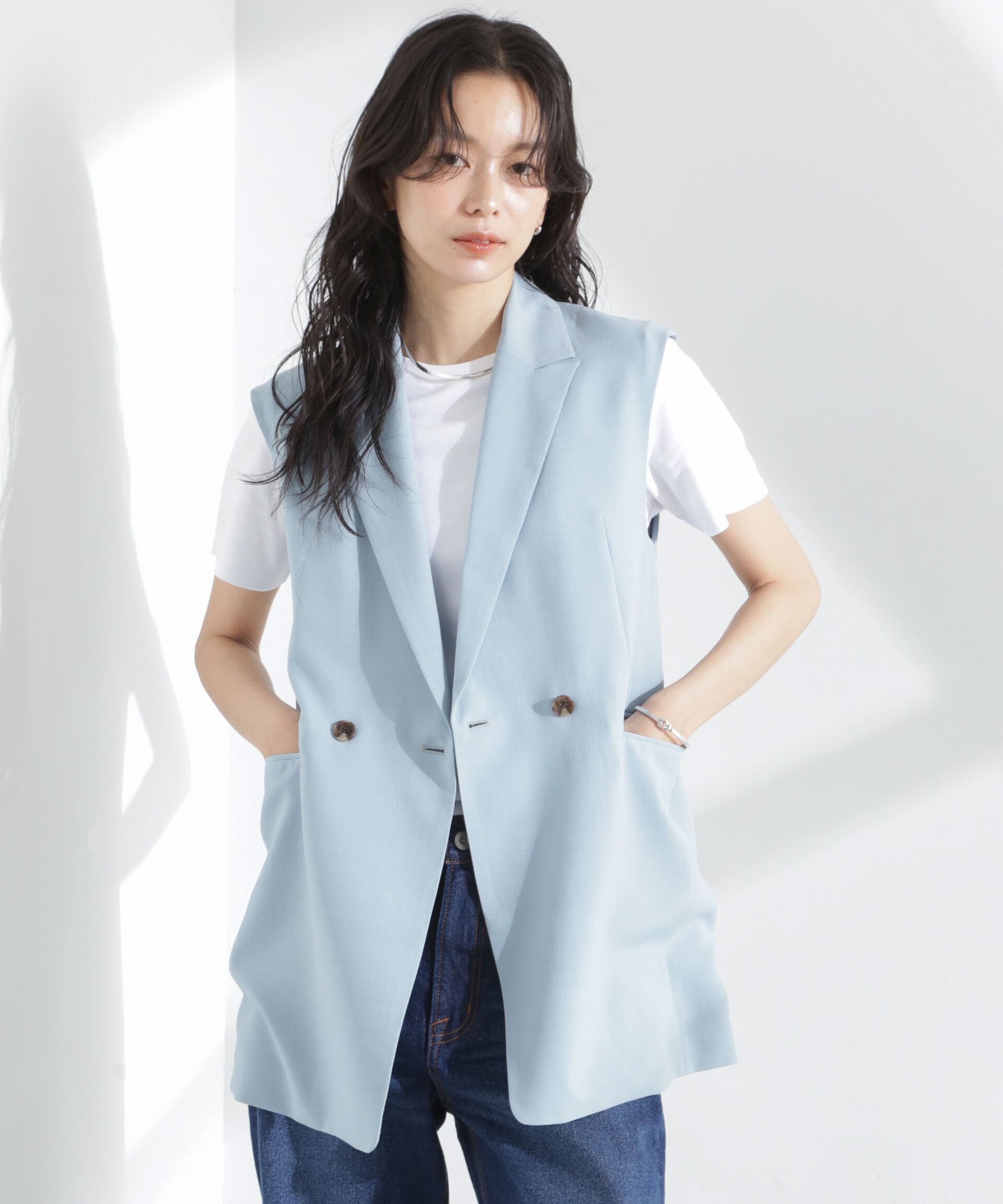 nano･universe「メランジドライ テーラードダブルジレ(セットアップ可)」|テーラードジャケット|L.ブルー1