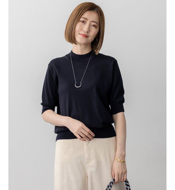 23区「【洗える】サステナブルウール モックネック 5分袖 ニット」|ニット・セーター|ネイビー系