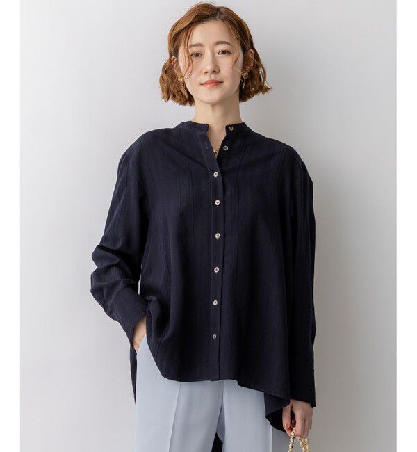 23区「ドビーストライプ バックタック フレアブラウス」|シャツ・ブラウス|ネイビー系