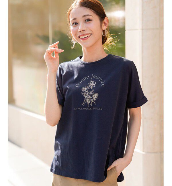 ANY SIS「フラワープリント ロゴＴシャツ」|Tシャツ・カットソー|ネイビー
