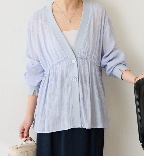  「《1枚で着映える》ギャザー切替シャツカーディガン」|シャツ・ブラウス|ブルーその他1