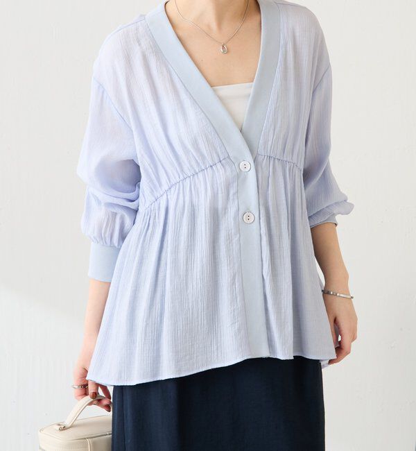  「《1枚で着映える》ギャザー切替シャツカーディガン」|シャツ・ブラウス|