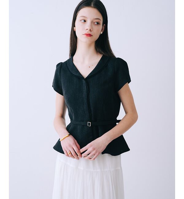 SELFIST「ツイードベルト付半袖ペプラムブラウス【予約】」|シャツ・ブラウス|ブラック