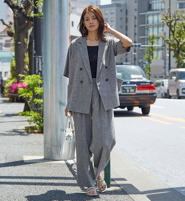 abahouse mavie「【WEB限定！2点セット】リネンライク半袖ジャケット&ストレートパンツセットアッ」|テーラードジャケット|