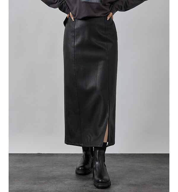 abahouse mavie「フェイクスウェード/フェイクレザースリットタイトスカート」|スカート|ブラック