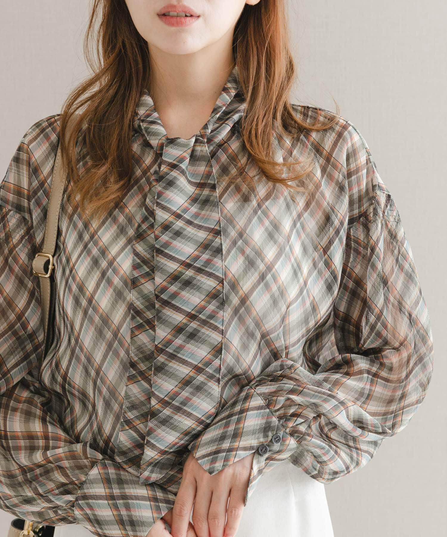 URBAN RESEARCH ROSSO「チェックボウタイボリュームブラウス」|シャツ・ブラウス|ブラウン系その他