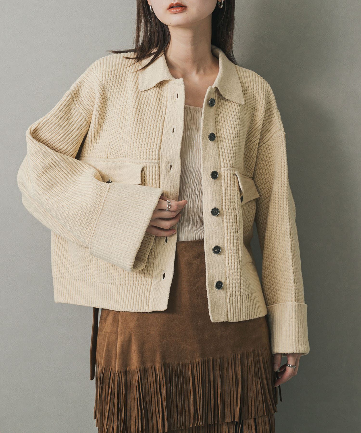 SENSE OF PLACE by URBAN RESEARCH「ニットショートジャケット」|ノーカラーコート|ベージュ