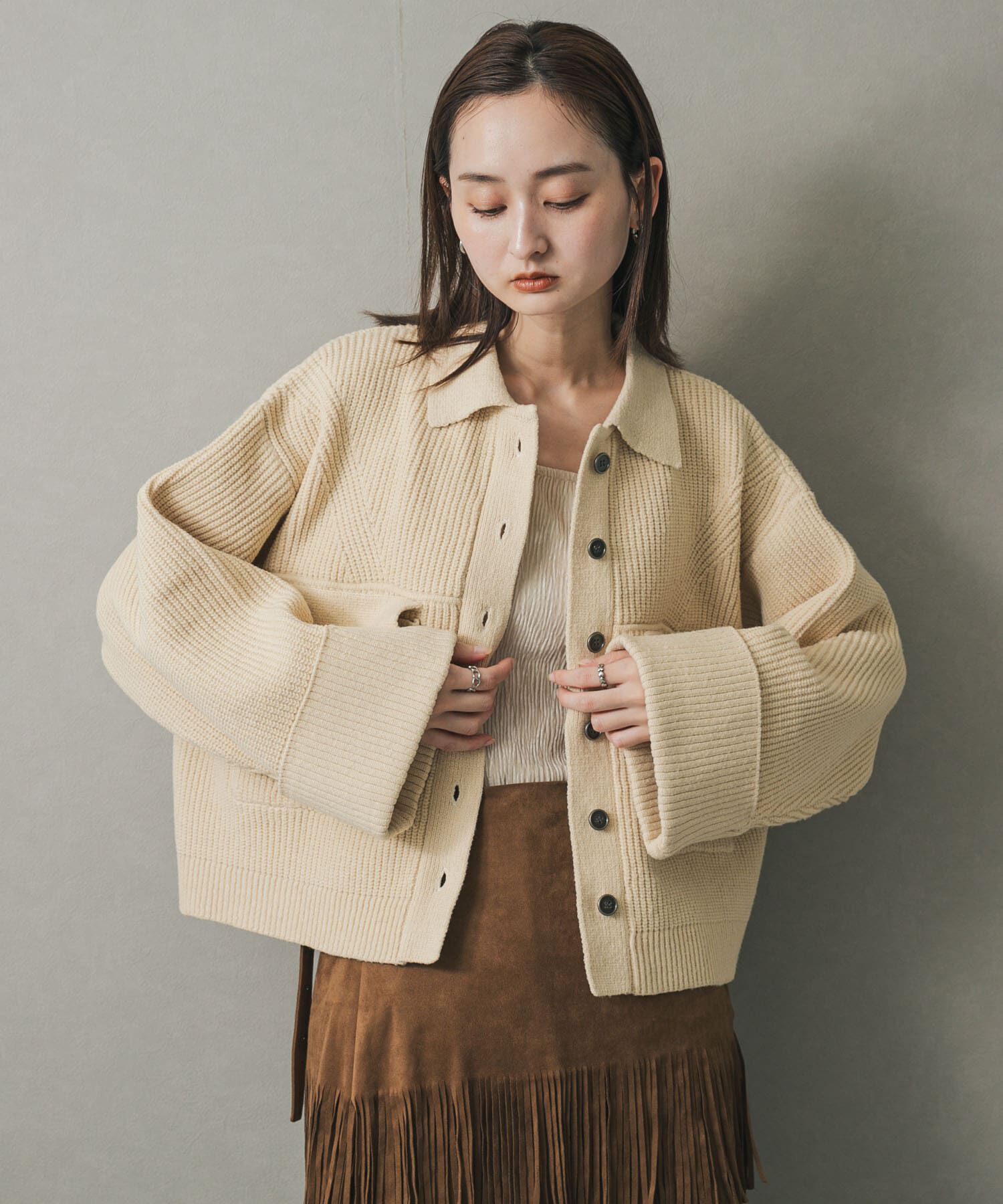 SENSE OF PLACE by URBAN RESEARCH「ニットショートジャケット」|ノーカラーコート|