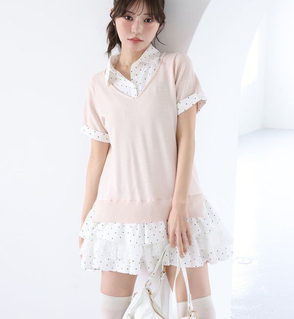  「ニットドッキング半袖シャツチュニック」|ワンピース|