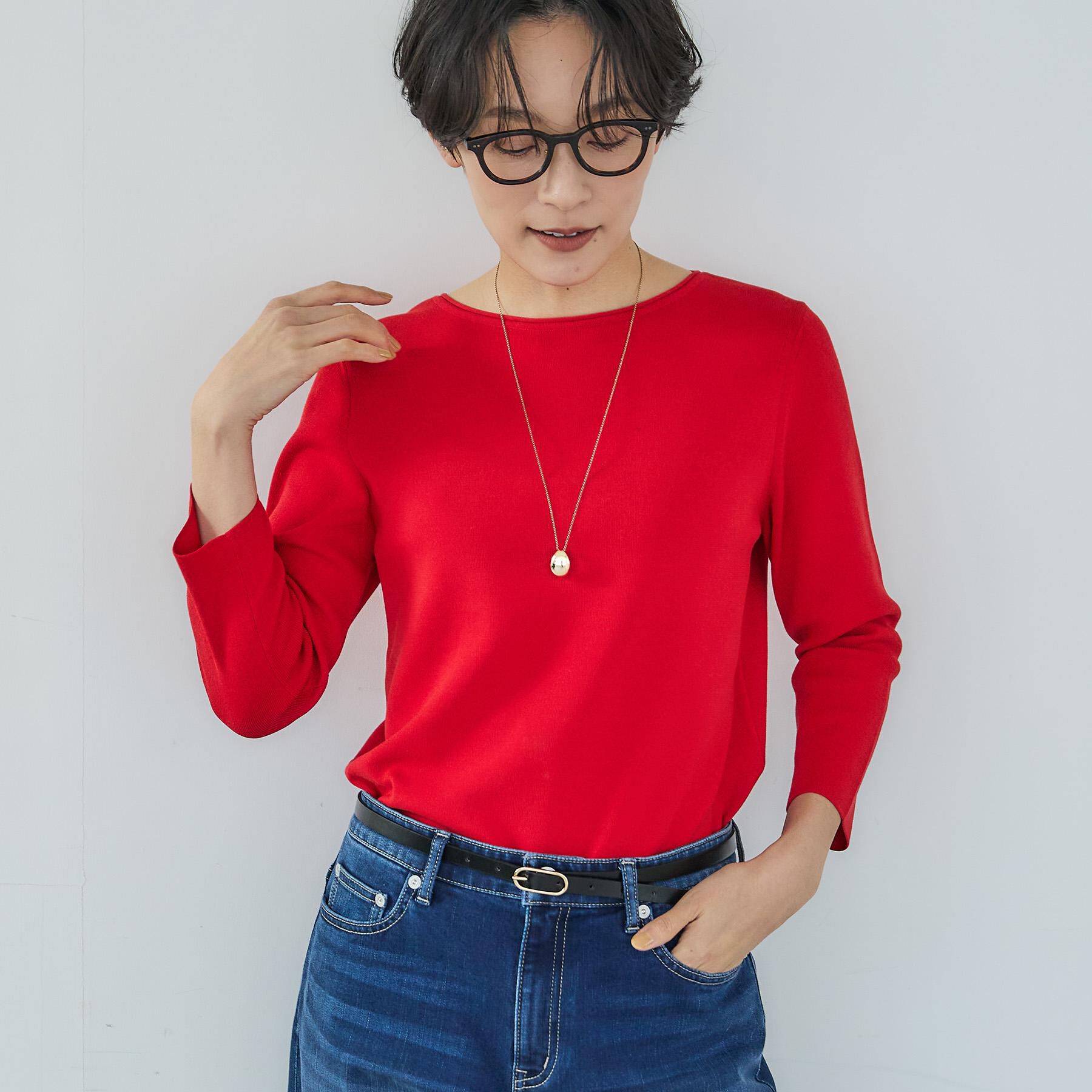 UNTITLED「【洗える/七分袖】ボートネックコットンプルオーバー」|ニット・セーター|