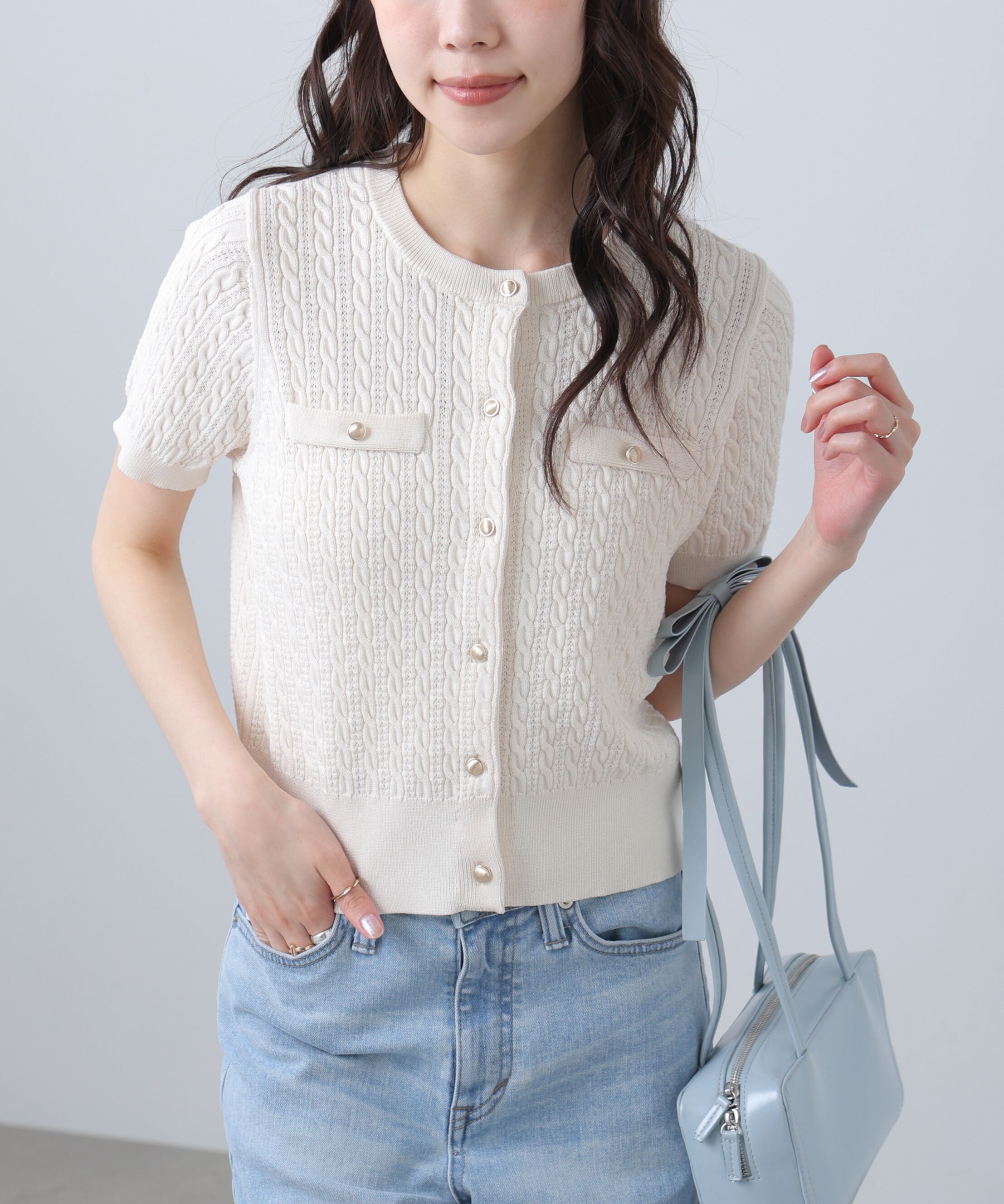  「ケーブル金ボタン半袖ニットカーディガン」|ニット・セーター|