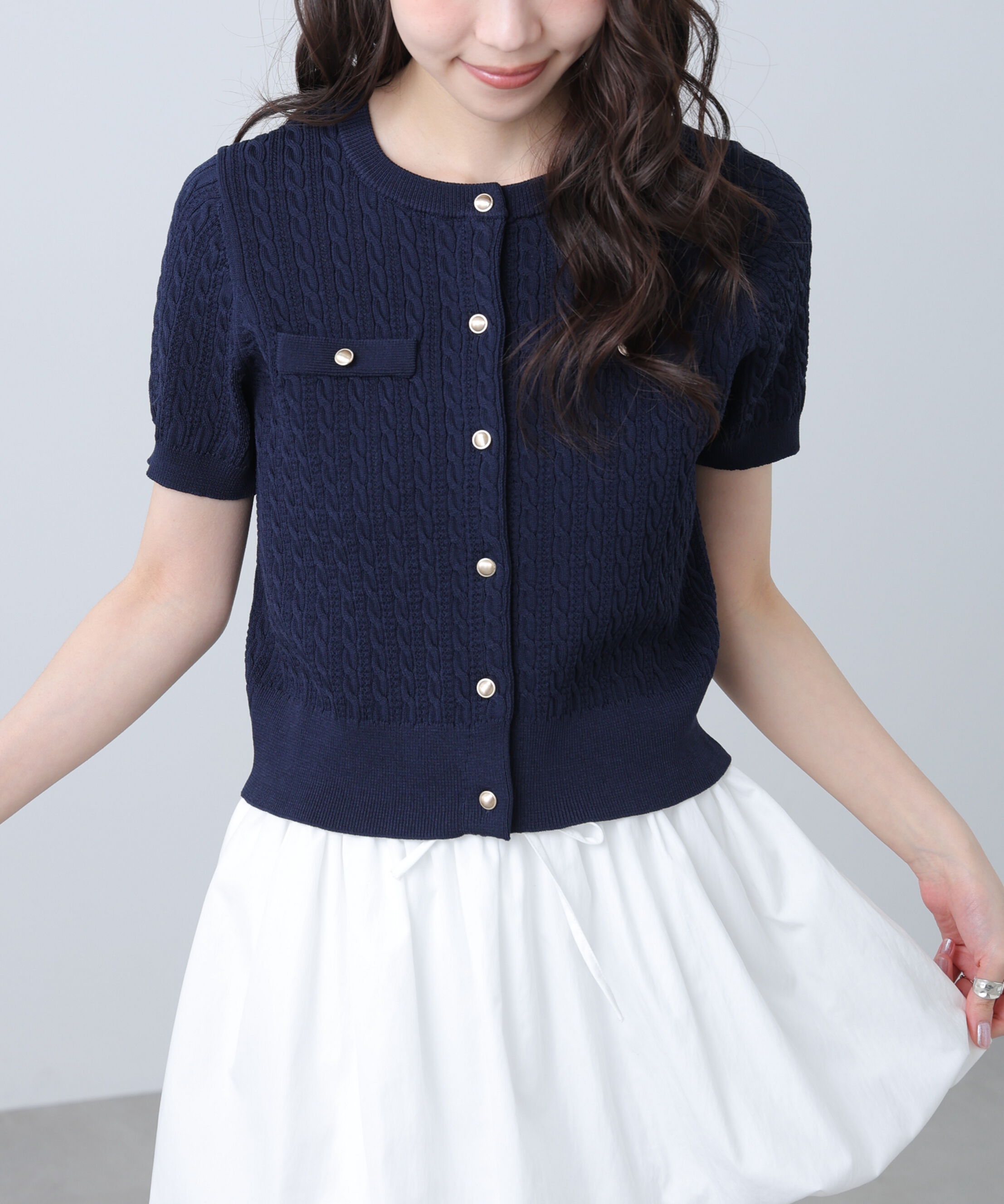  「ケーブル金ボタン半袖ニットカーディガン」|ニット・セーター|ネイビー
