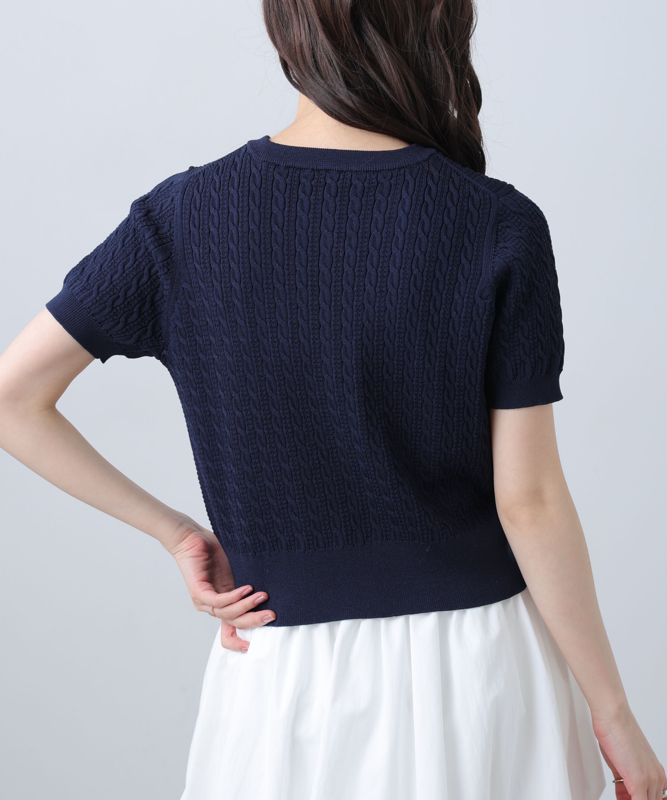  「ケーブル金ボタン半袖ニットカーディガン」|ニット・セーター|