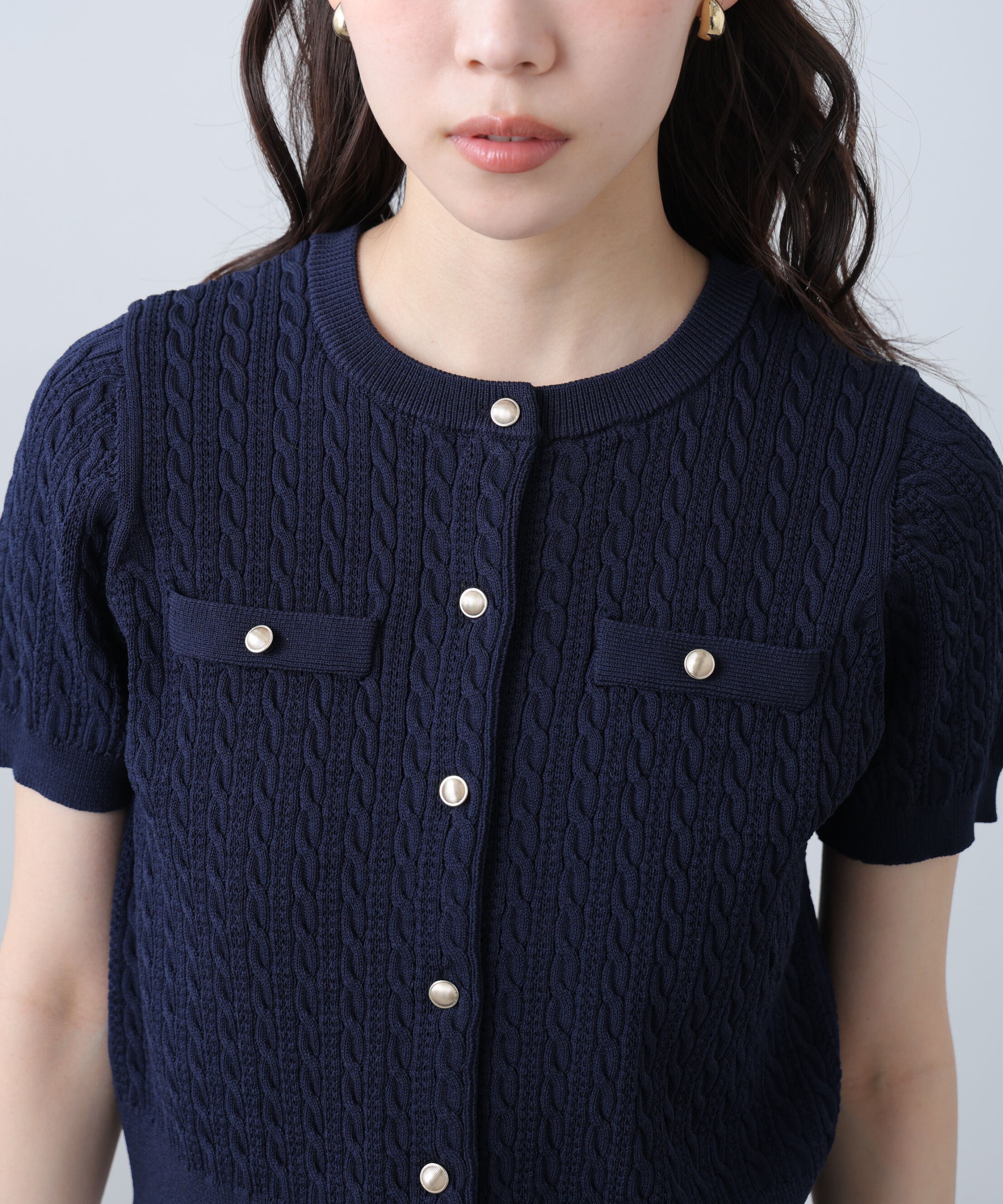  「ケーブル金ボタン半袖ニットカーディガン」|ニット・セーター|