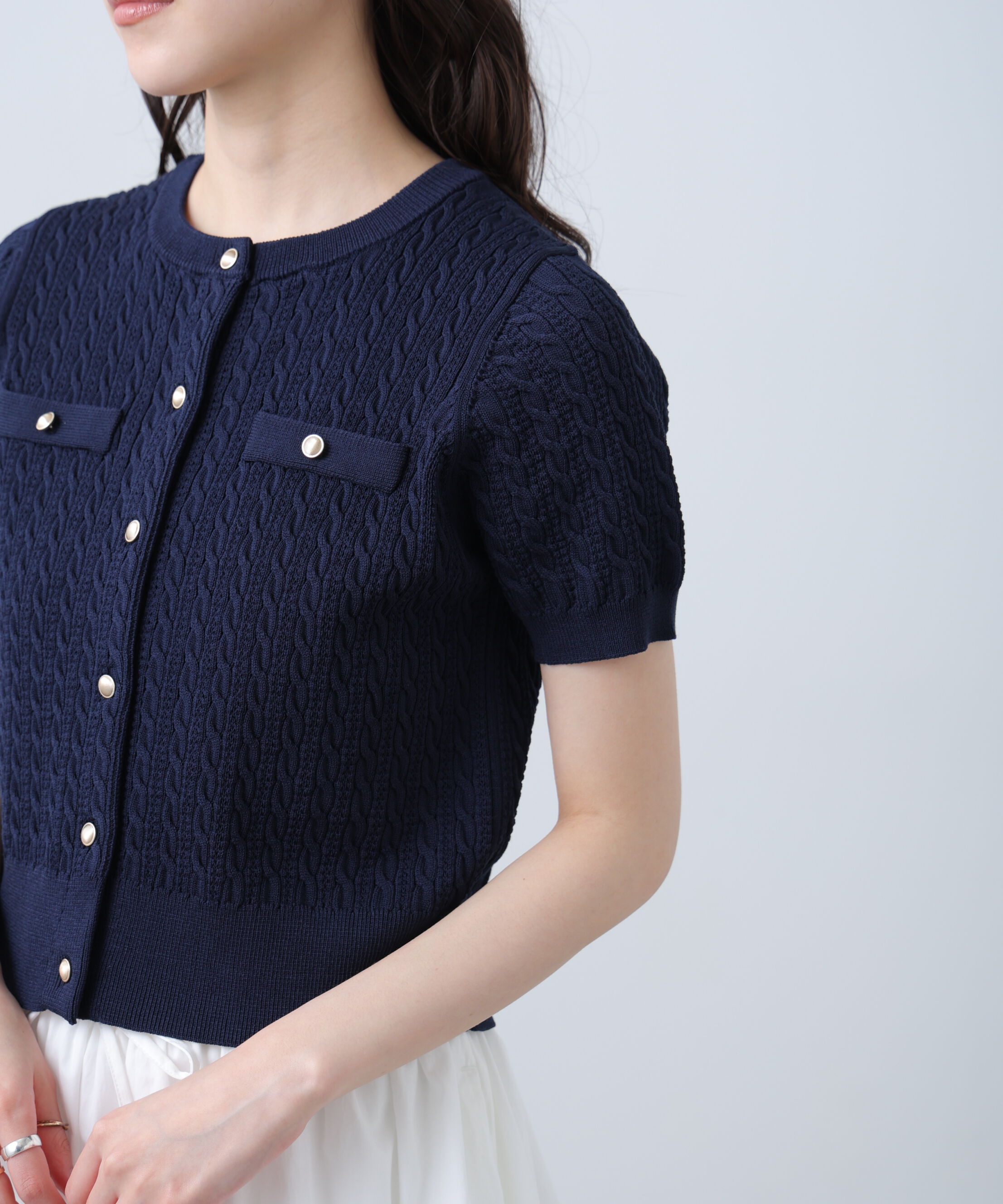  「ケーブル金ボタン半袖ニットカーディガン」|ニット・セーター|
