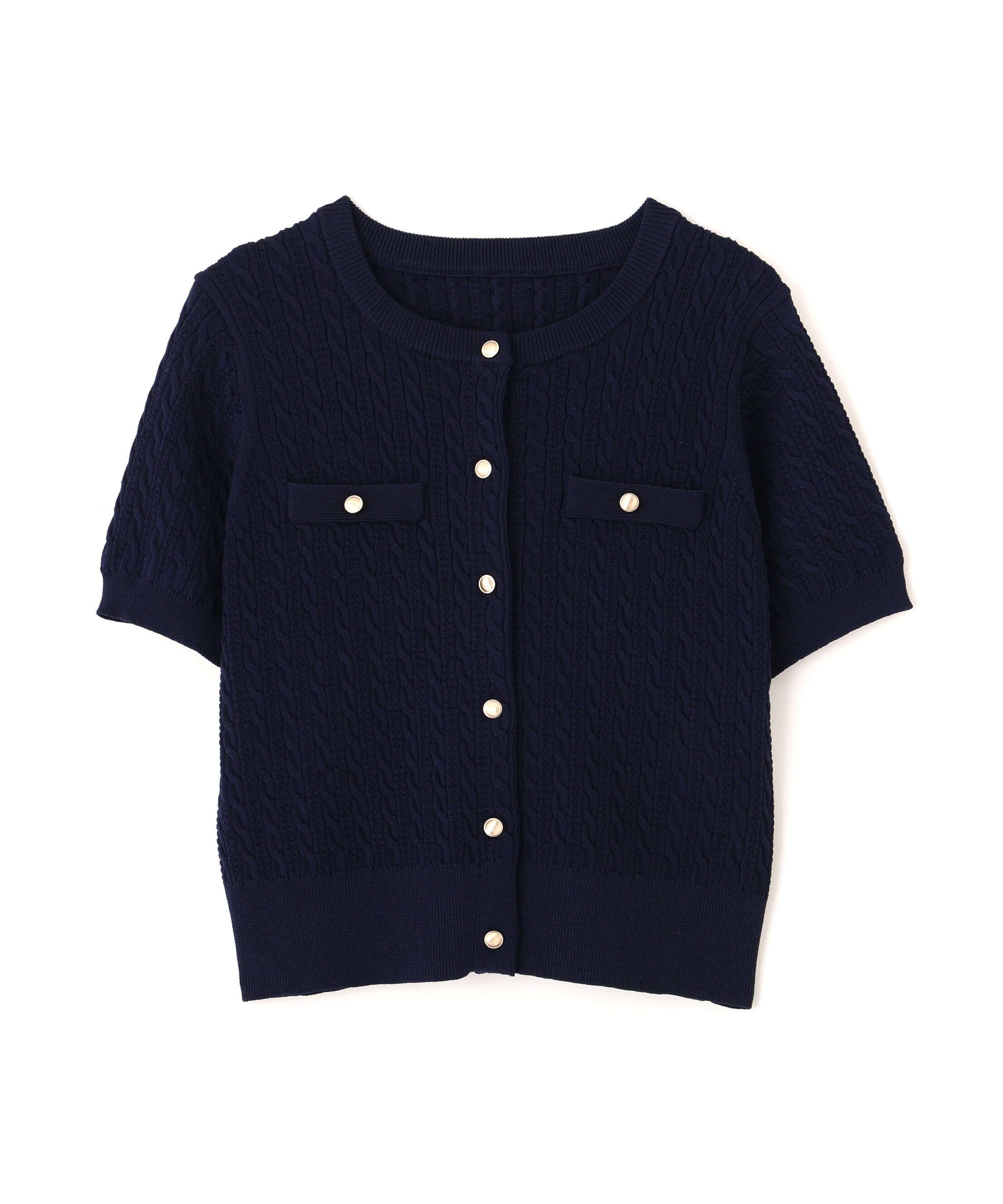 「ケーブル金ボタン半袖ニットカーディガン」|ニット・セーター|