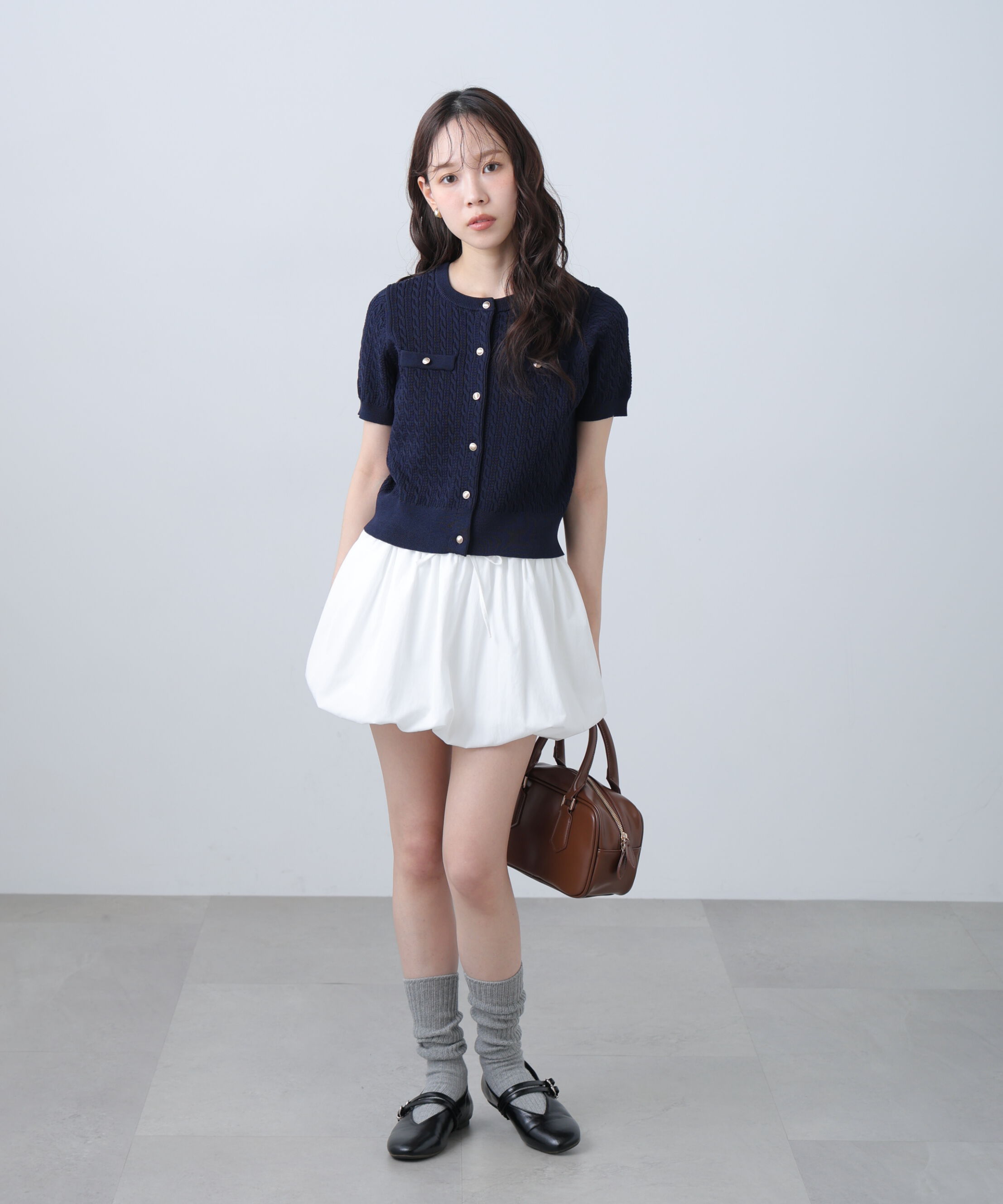  「ケーブル金ボタン半袖ニットカーディガン」|ニット・セーター|