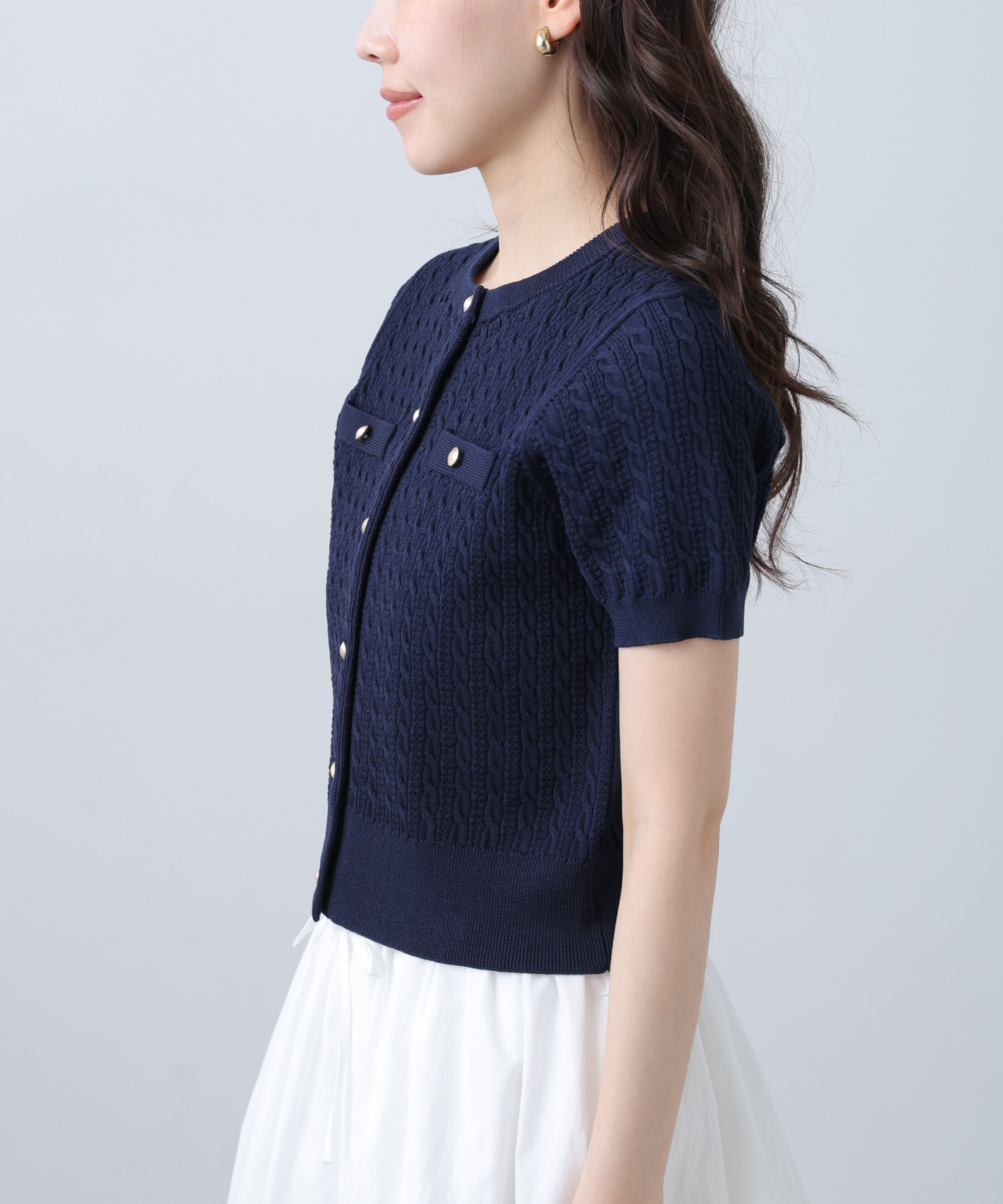  「ケーブル金ボタン半袖ニットカーディガン」|ニット・セーター|