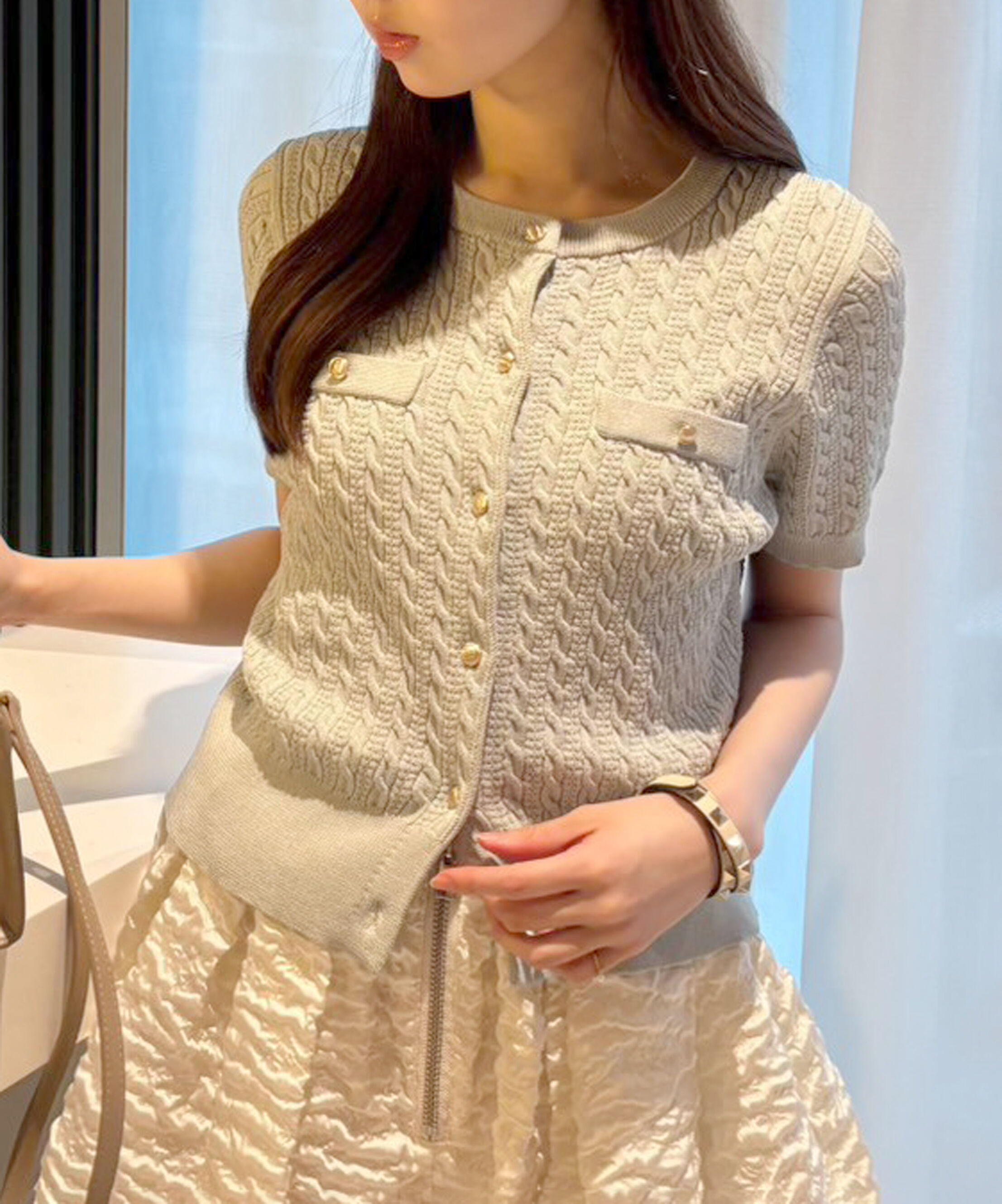  「ケーブル金ボタン半袖ニットカーディガン」|ニット・セーター|