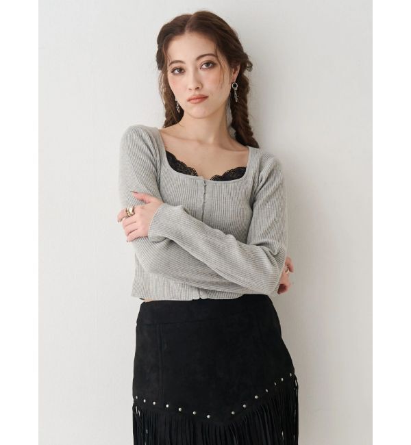 EVRIS「フロントホックレースドッキングニットトップス」|ニット・セーター|グレー