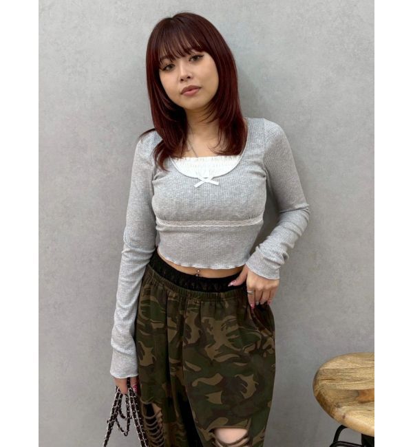 EVRIS「レイヤードフリルトップス」|Tシャツ・カットソー|グレー