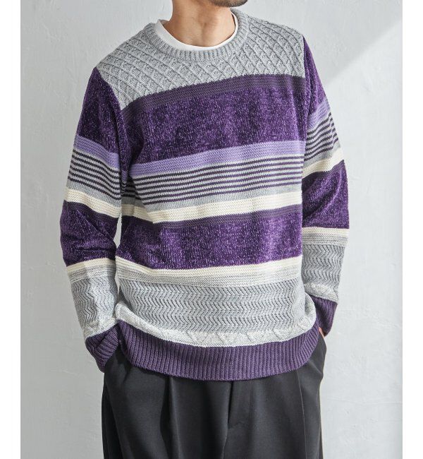 ikka「モールミックスボーダーニット」|プルオーバー|パープル