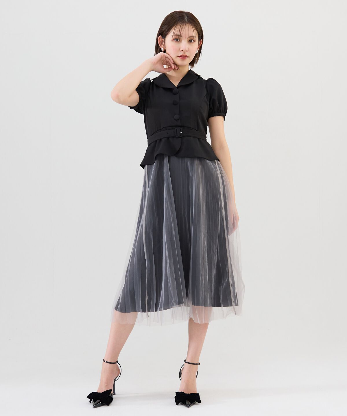 REDYAZEL「ツイル&times;チュールプリーツワンピース」|ワンピース|ブラック