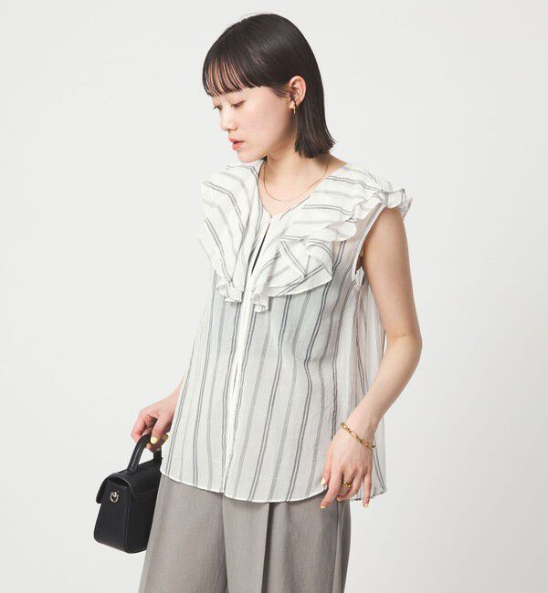 UNITED ARROWS green label relaxing「100/2 ラッフルカラー ノースリーブ ブラウス」|シャツ・ブラウス|OFF WHITE