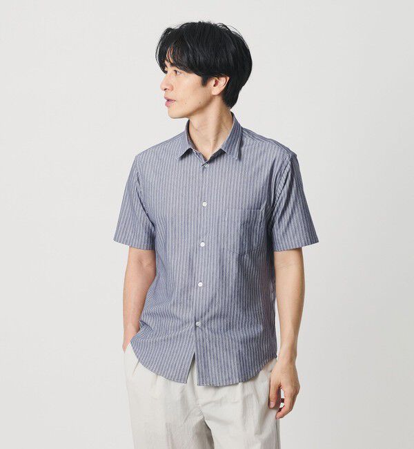 BEAUTY&YOUTH UNITED ARROWS「クイック ストレッチ ストライプ シャンブレー ボタンダウン 半袖シャツ SLIM型 吸水速乾機能付き」|シャツ・ブラウス|NAVY