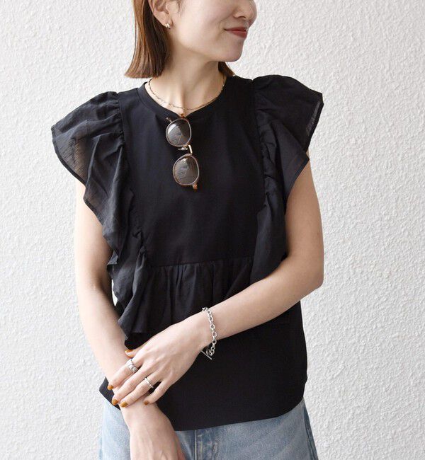 SHIPS any「《予約》SHIPS any:〈洗濯機可能〉フリル コンビ ノースリーブ TEE」|Tシャツ・カットソー|ブラック