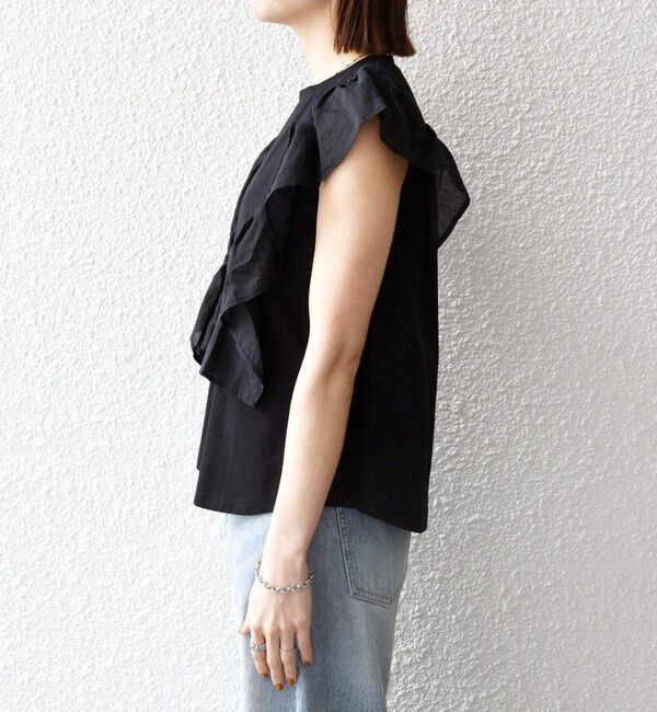 SHIPS any「《予約》SHIPS any:〈洗濯機可能〉フリル コンビ ノースリーブ TEE」|Tシャツ・カットソー|