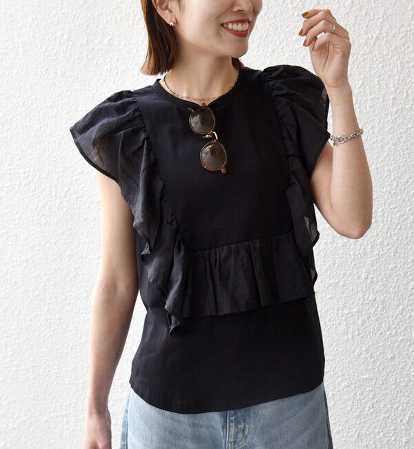 SHIPS any「《予約》SHIPS any:〈洗濯機可能〉フリル コンビ ノースリーブ TEE」|Tシャツ・カットソー|