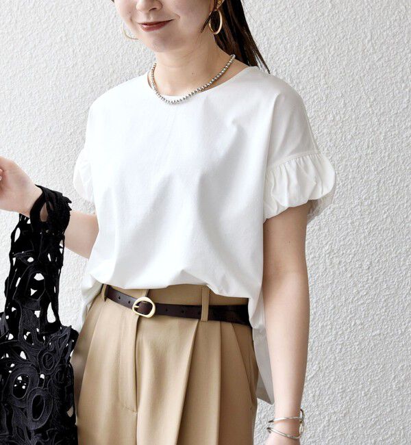 SHIPS any「《予約》SHIPS any:〈多機能/洗濯機可能〉マルチファンクション ギャザー スリーブ TEE」|Tシャツ・カットソー|オフホワイト