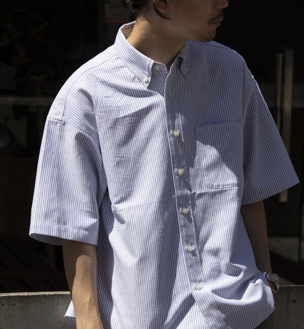 GLOSTER「【GLOSTER/グロスター】オーバーサイズ オックスボタンダウン ストライプシャツ 半袖」|シャツ・ブラウス|ブルー系その他