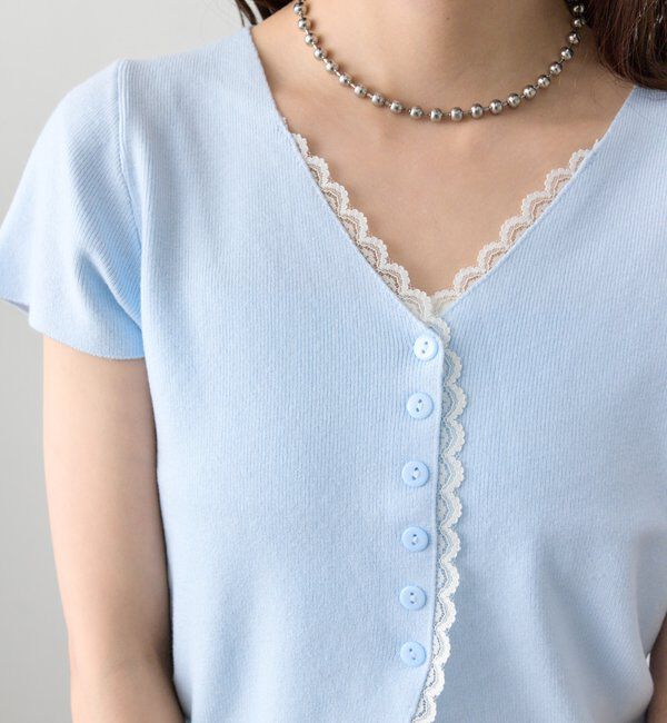  「レースライン半袖ニットカーディガン」|カーディガン|