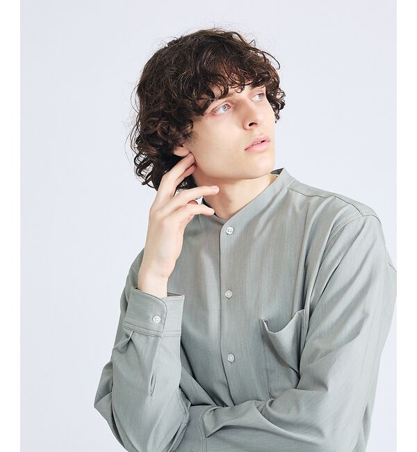 ABAHOUSE「デニムライク シャンブレー カラーレスシャツ / バンドカラーシャツ / 変形襟」|シャツ・ブラウス|グリーン系その他1