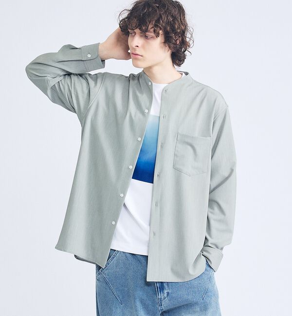 ABAHOUSE「デニムライク シャンブレー カラーレスシャツ / バンドカラーシャツ / 変形襟」|シャツ・ブラウス|