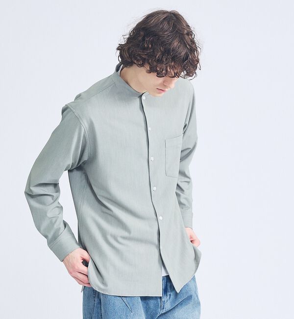 ABAHOUSE「デニムライク シャンブレー カラーレスシャツ / バンドカラーシャツ / 変形襟」|シャツ・ブラウス|