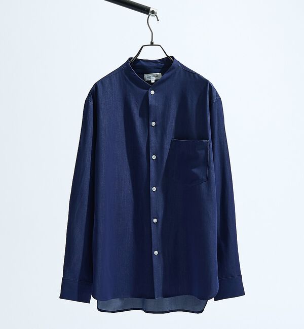 ABAHOUSE「デニムライク シャンブレー カラーレスシャツ / バンドカラーシャツ / 変形襟」|シャツ・ブラウス|インディゴ