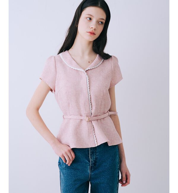 SELFIST「ツイードベルト付半袖ペプラムブラウス【予約】」|シャツ・ブラウス|ピンク