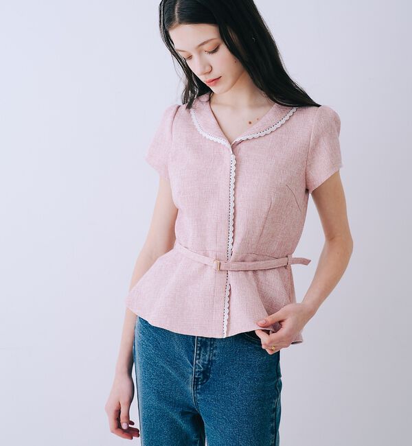 SELFIST「ツイードベルト付半袖ペプラムブラウス【予約】」|シャツ・ブラウス|
