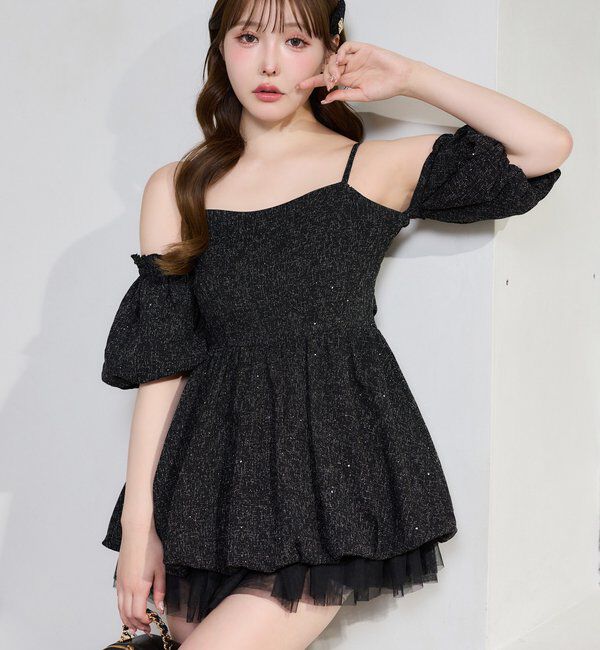  「【Black Ribbon Collection】異素材バルーンミニワンピース」|ワンピース|