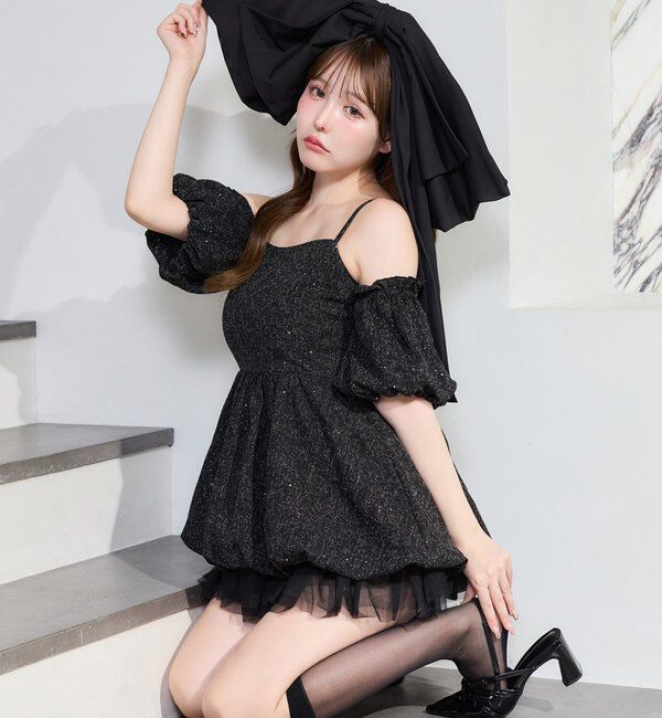  「【Black Ribbon Collection】異素材バルーンミニワンピース」|ワンピース|