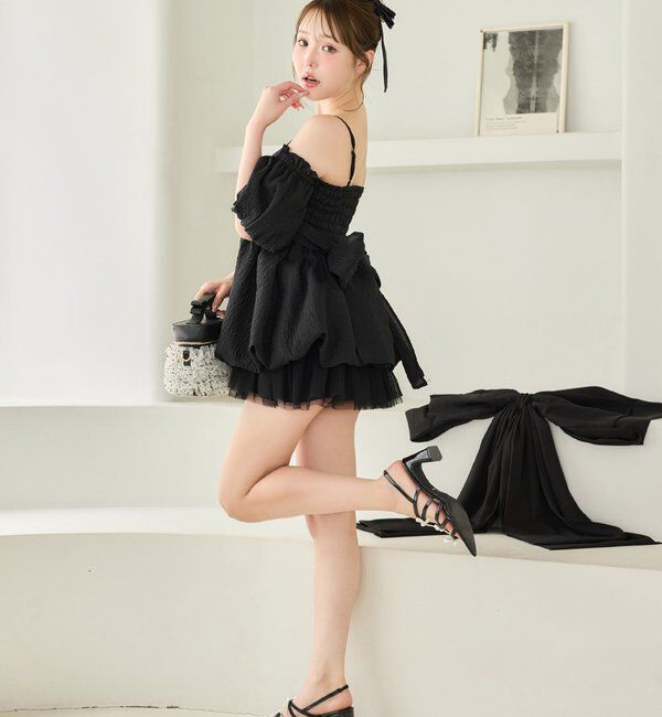  「【Black Ribbon Collection】異素材バルーンミニワンピース」|ワンピース|