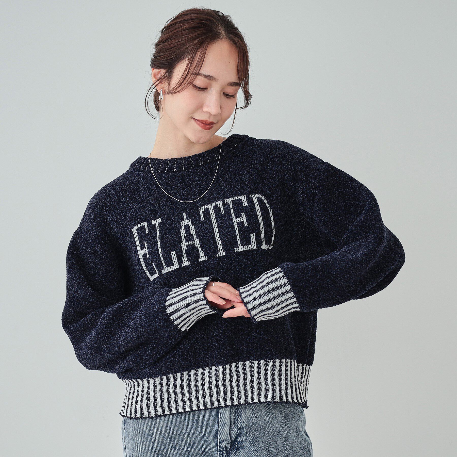 SHOO･LA･RUE「【S-LL】もちもち感がたまらない モールロゴリブ切替ニット」|ニット・セーター|ネイビー(094)