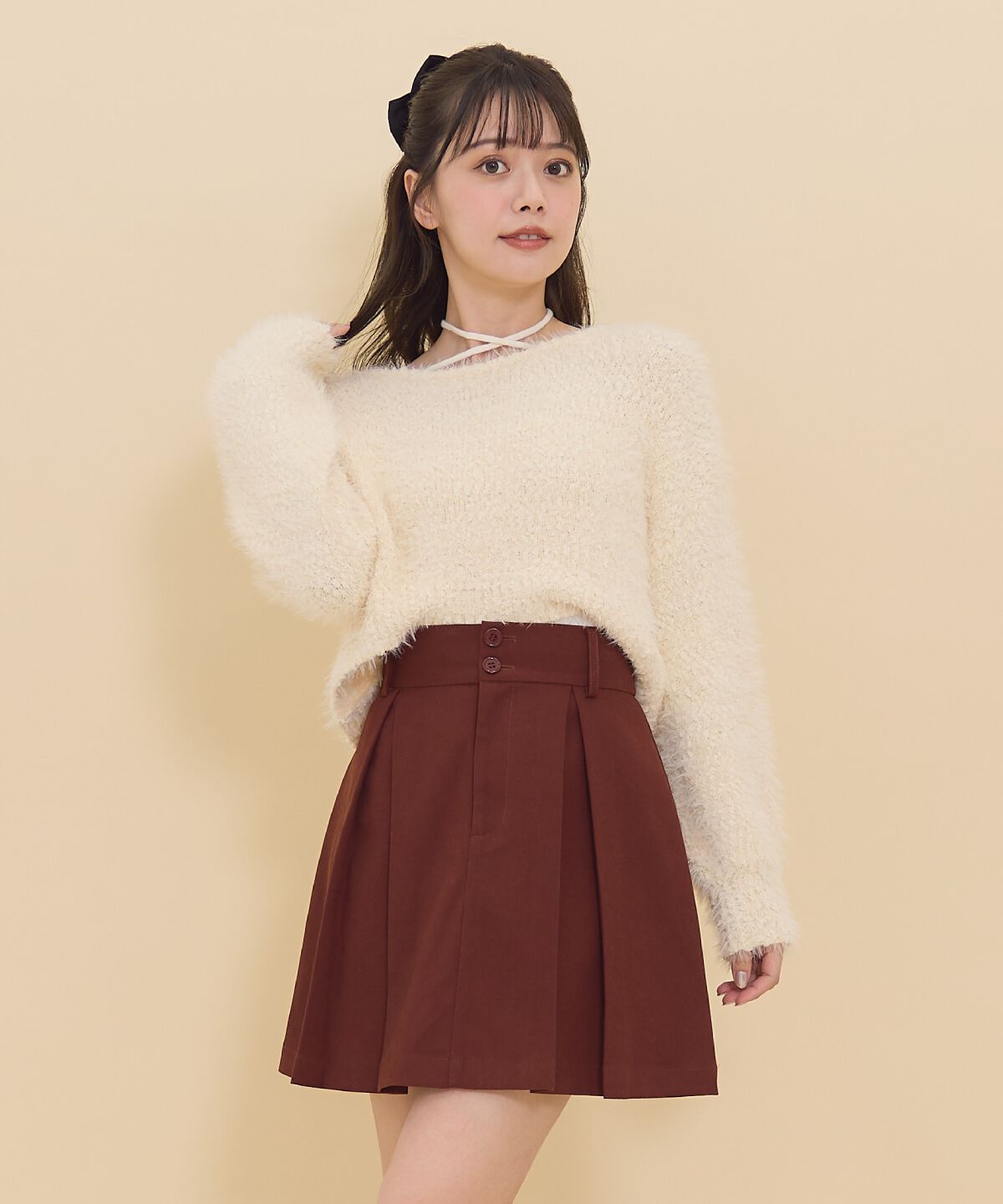 REDYAZEL「タックプリーツミニスカート」|フレア|ブラウン