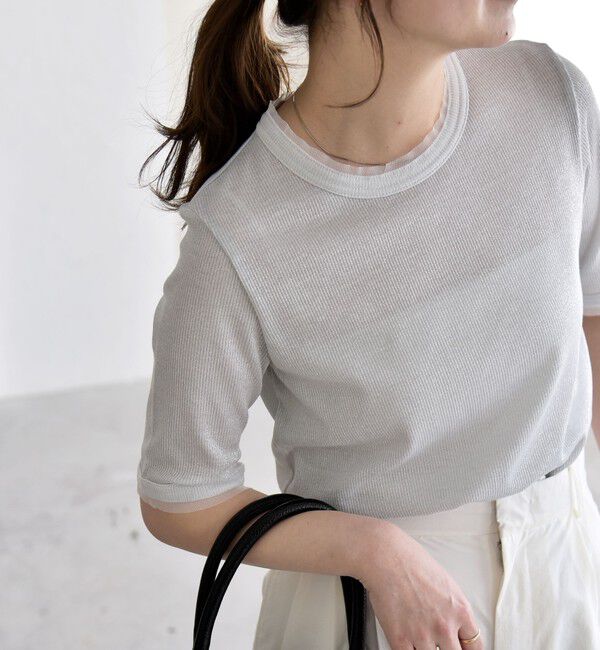 quaranciel「quaranciel:〈手洗い可能〉ラメ チュール リブ コンパクト TEE」|Tシャツ・カットソー|