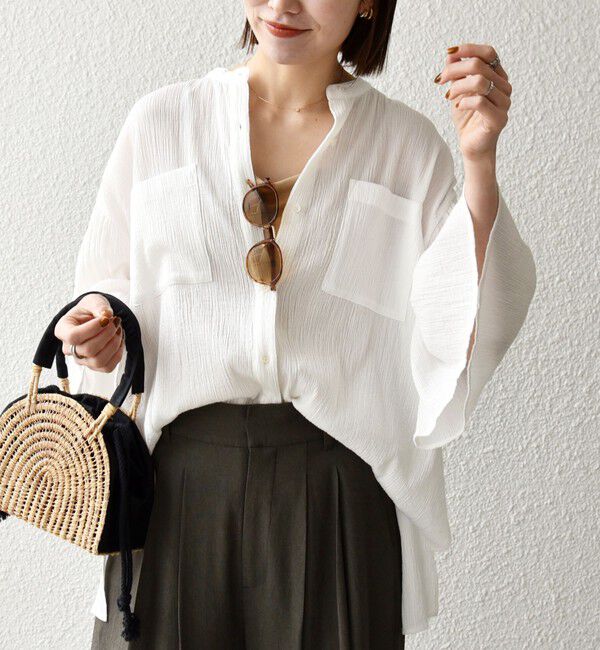 SHIPS any「SHIPS any:〈洗濯機可能〉楊柳 シアー バンド カラー フレア シャツ」|シャツ・ブラウス|