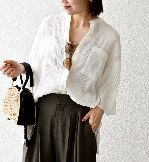 SHIPS any「SHIPS any:〈洗濯機可能〉楊柳 シアー バンド カラー フレア シャツ」|シャツ・ブラウス|